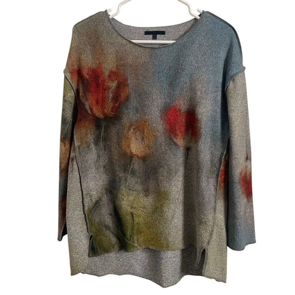 Lily London Womens Tunic Sweater M Blue Watercolor Floral Art To Wear Lagom